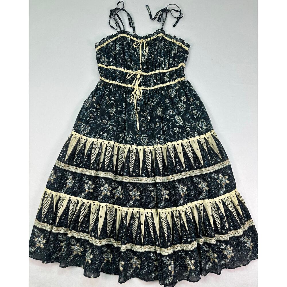 NWT Christian Lacroix Dark Blue Floral Cream Trim Midi Dress Size L - Picture 4 of 12